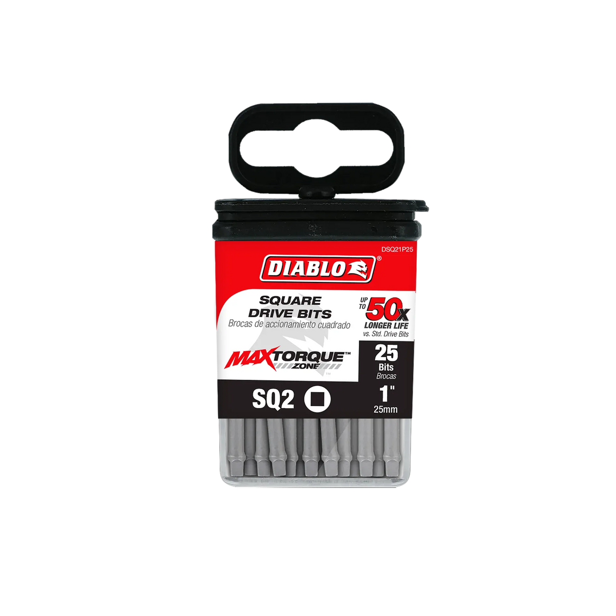 Diablo DSQ21P25 1-inch square drive impact driver bits 25-pack product packaging. The retail case features a red, black, and white label displaying the Diablo logo, MaxTorque Zone technology, and text indicating SQ2 size, up to 50x longer life, and 1/4-inch hex shank torque-resistant steel screwdriver bits for heavy-duty fastener installation.