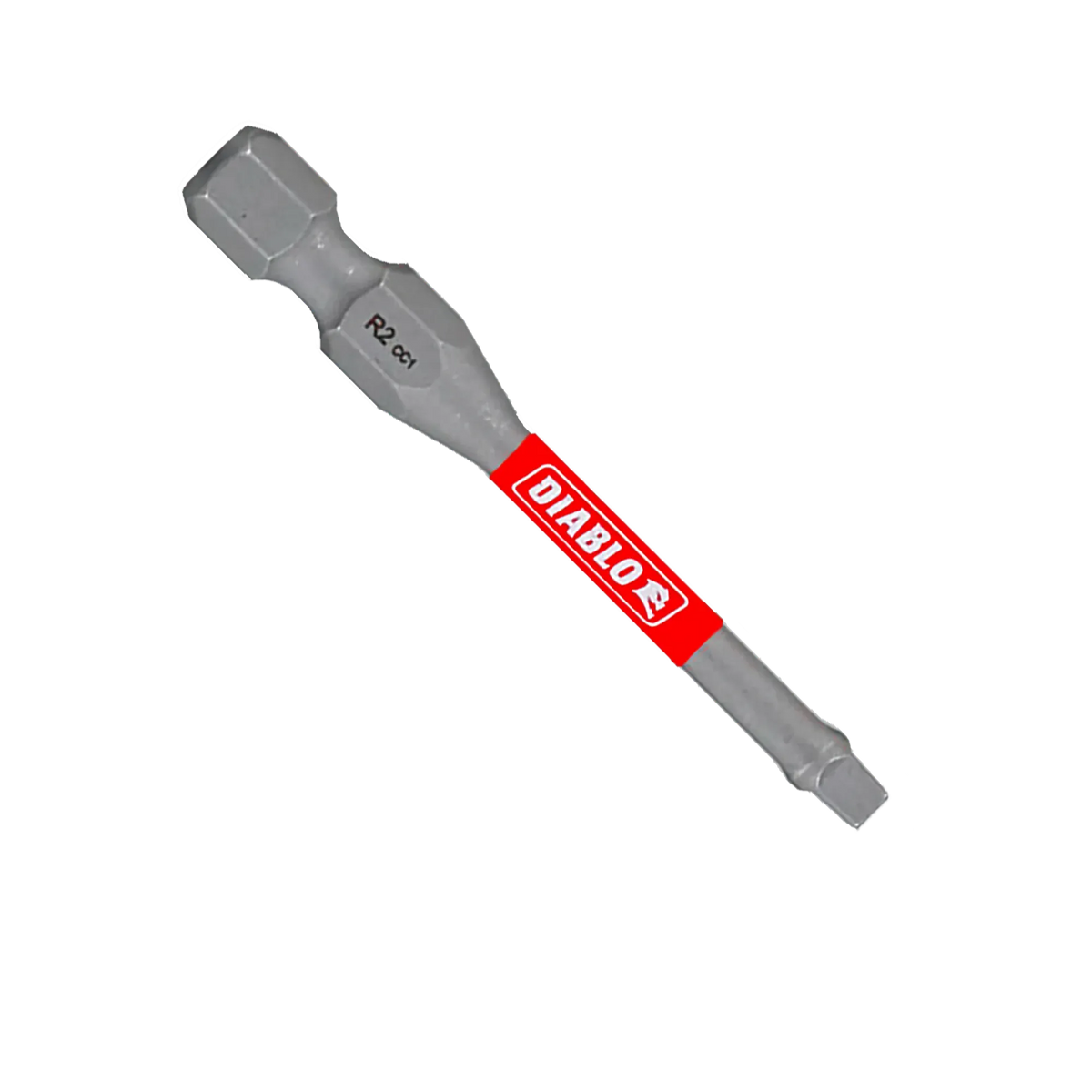 A single Diablo DSQ22P15 2-inch size 2 square drive impact driver bit isolated on a white background. The torque-resistant steel screwdriver bit features a 1/4-inch hex shank laser engraved with R2 CC1, an anti-slip torsion zone with a bright red band showcasing the white Diablo logo, and a square drive tip designed for high-torque fastener installation.