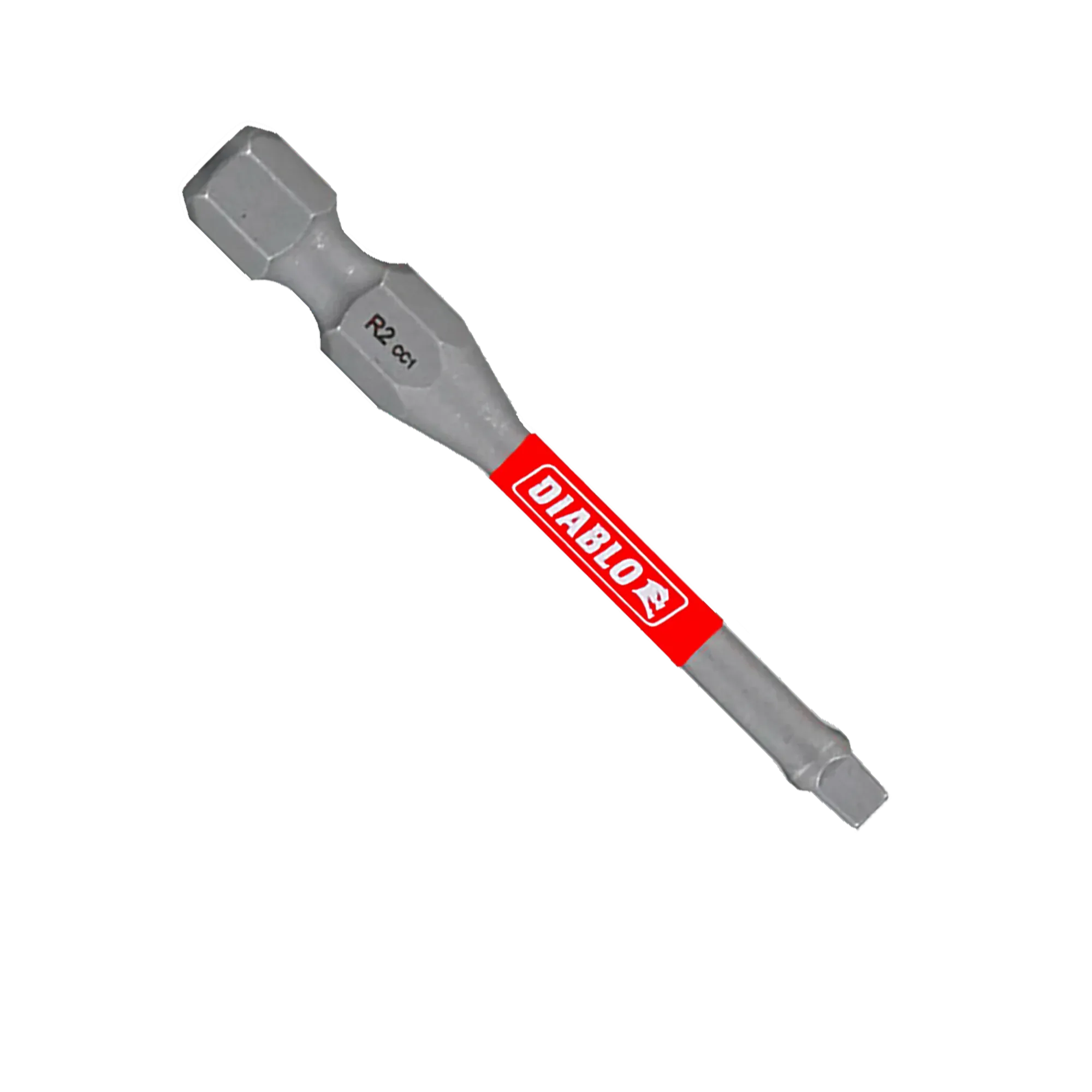 A single Diablo DSQ22P15 2-inch size 2 square drive impact driver bit isolated on a white background. The torque-resistant steel screwdriver bit features a 1/4-inch hex shank laser engraved with R2 CC1, an anti-slip torsion zone with a bright red band showcasing the white Diablo logo, and a square drive tip designed for high-torque fastener installation.