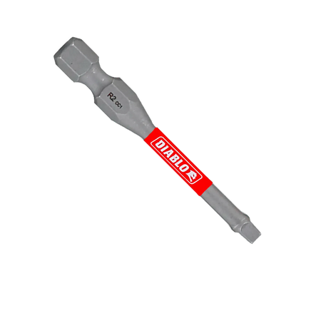A single Diablo DSQ22P15 2-inch size 2 square drive impact driver bit isolated on a white background. The torque-resistant steel screwdriver bit features a 1/4-inch hex shank laser engraved with R2 CC1, an anti-slip torsion zone with a bright red band showcasing the white Diablo logo, and a square drive tip designed for high-torque fastener installation.