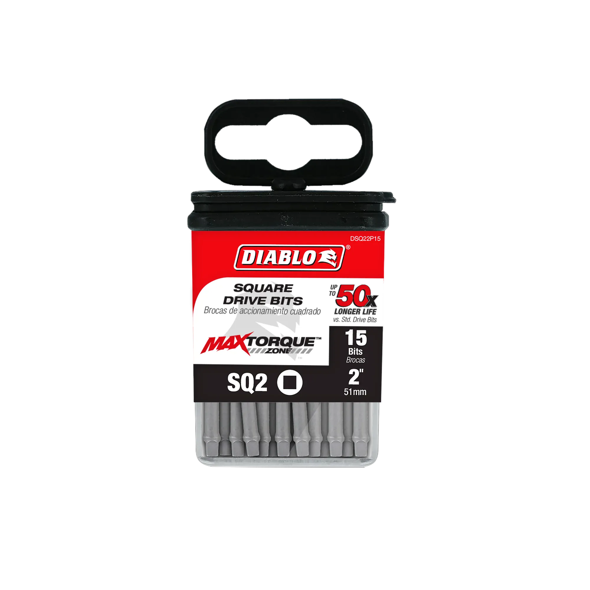 Diablo DSQ22P15 2-inch square drive impact driver bits bulk 15-pack retail product packaging. The clear storage case features a red, black, and white label highlighting the Diablo logo, MaxTorque Zone technology, and text indicating SQ2 size, up to 50x longer life, and 1/4-inch hex shank torque-resistant steel screwdriver bits for heavy-duty fastener installation.