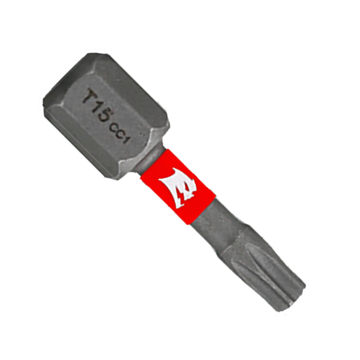 A single Diablo 1-inch T15 Torx drive impact driver bit isolated on a white background. This torque-resistant steel screwdriver fastener installation bit features a 1/4-inch hex shank laser-engraved with T15 CC1, an optimized torsion zone wrapped with a bright red band showcasing the white Diablo logo, and a star-shaped Torx drive tip engineered to prevent stripping and slippage.