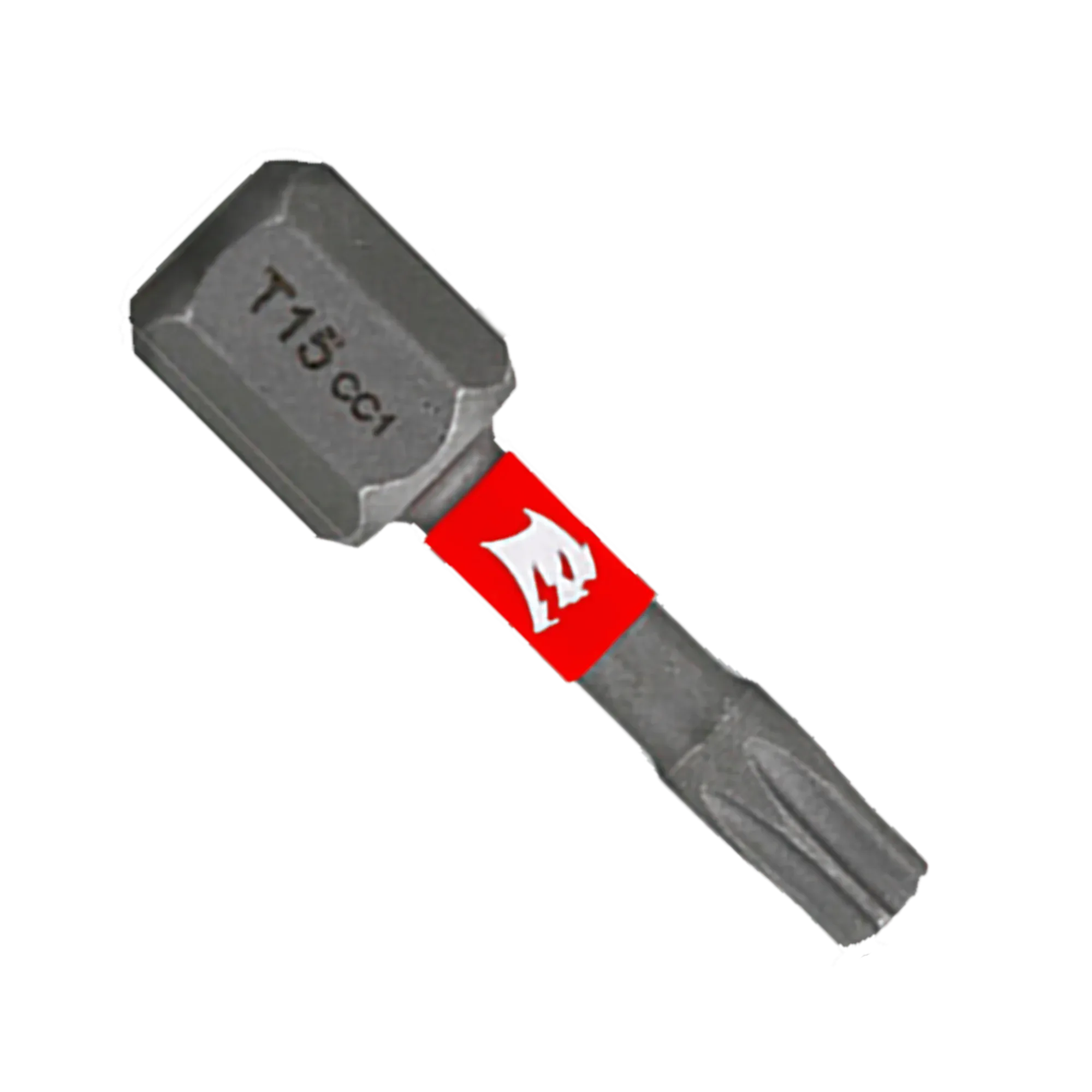 A single Diablo 1-inch T15 Torx drive impact driver bit isolated on a white background. This torque-resistant steel screwdriver fastener installation bit features a 1/4-inch hex shank laser-engraved with T15 CC1, an optimized torsion zone wrapped with a bright red band showcasing the white Diablo logo, and a star-shaped Torx drive tip engineered to prevent stripping and slippage.