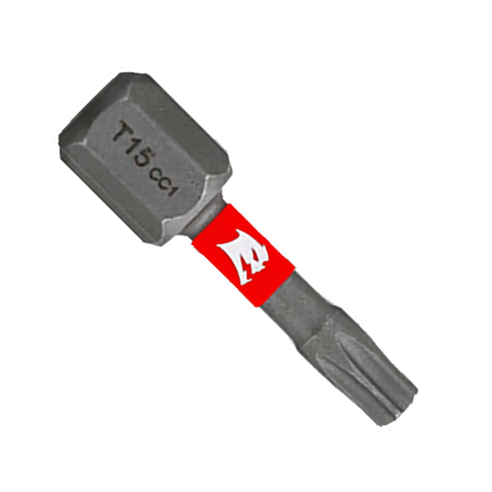 A single Diablo 1-inch T15 Torx drive impact driver bit isolated on a white background. This torque-resistant steel screwdriver fastener installation bit features a 1/4-inch hex shank laser-engraved with T15 CC1, an optimized torsion zone wrapped with a bright red band showcasing the white Diablo logo, and a star-shaped Torx drive tip engineered to prevent stripping and slippage.