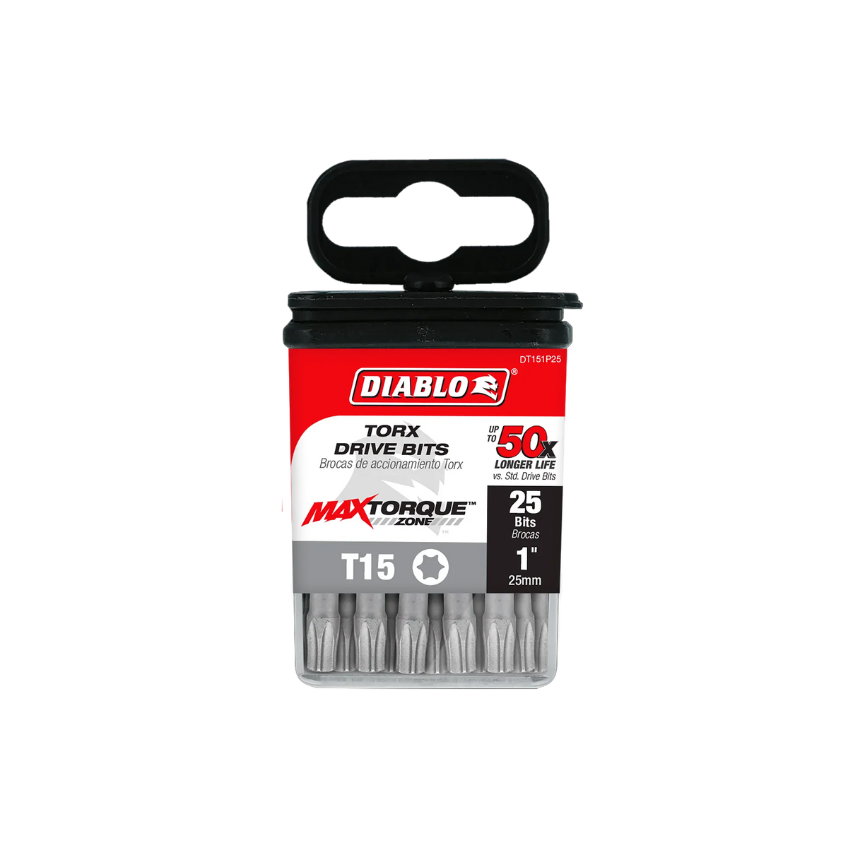 Diablo DT151P25 1-inch T15 Torx drive impact driver bits product packaging. The clear retail case features a red, black, and white label displaying the Diablo logo, MaxTorque Zone technology, and text indicating T15 star size, up to 50x longer life, and a bulk 25-pack of 1/4-inch hex shank torque-resistant steel screwdriver bits for high-torque fastener installation.