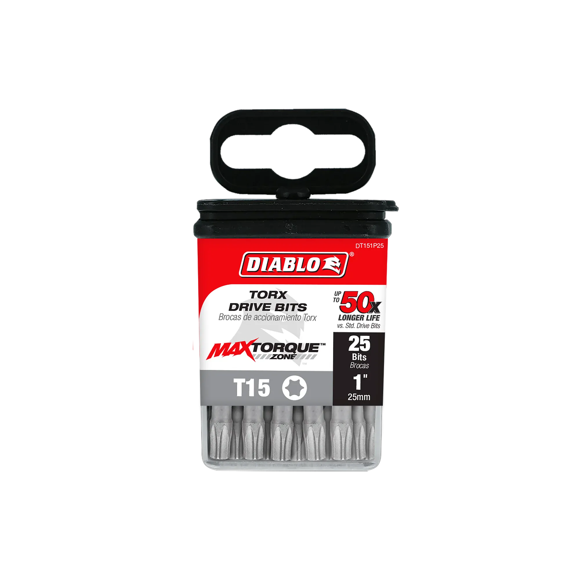 Diablo DT151P25 1-inch T15 Torx drive impact driver bits product packaging. The clear retail case features a red, black, and white label displaying the Diablo logo, MaxTorque Zone technology, and text indicating T15 star size, up to 50x longer life, and a bulk 25-pack of 1/4-inch hex shank torque-resistant steel screwdriver bits for high-torque fastener installation.