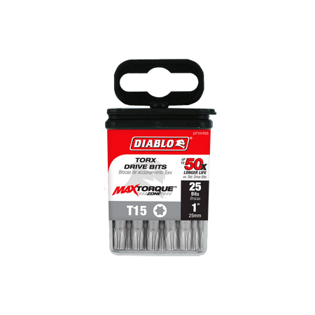 Diablo DT151P25 1-inch T15 Torx drive impact driver bits product packaging. The clear retail case features a red, black, and white label displaying the Diablo logo, MaxTorque Zone technology, and text indicating T15 star size, up to 50x longer life, and a bulk 25-pack of 1/4-inch hex shank torque-resistant steel screwdriver bits for high-torque fastener installation.