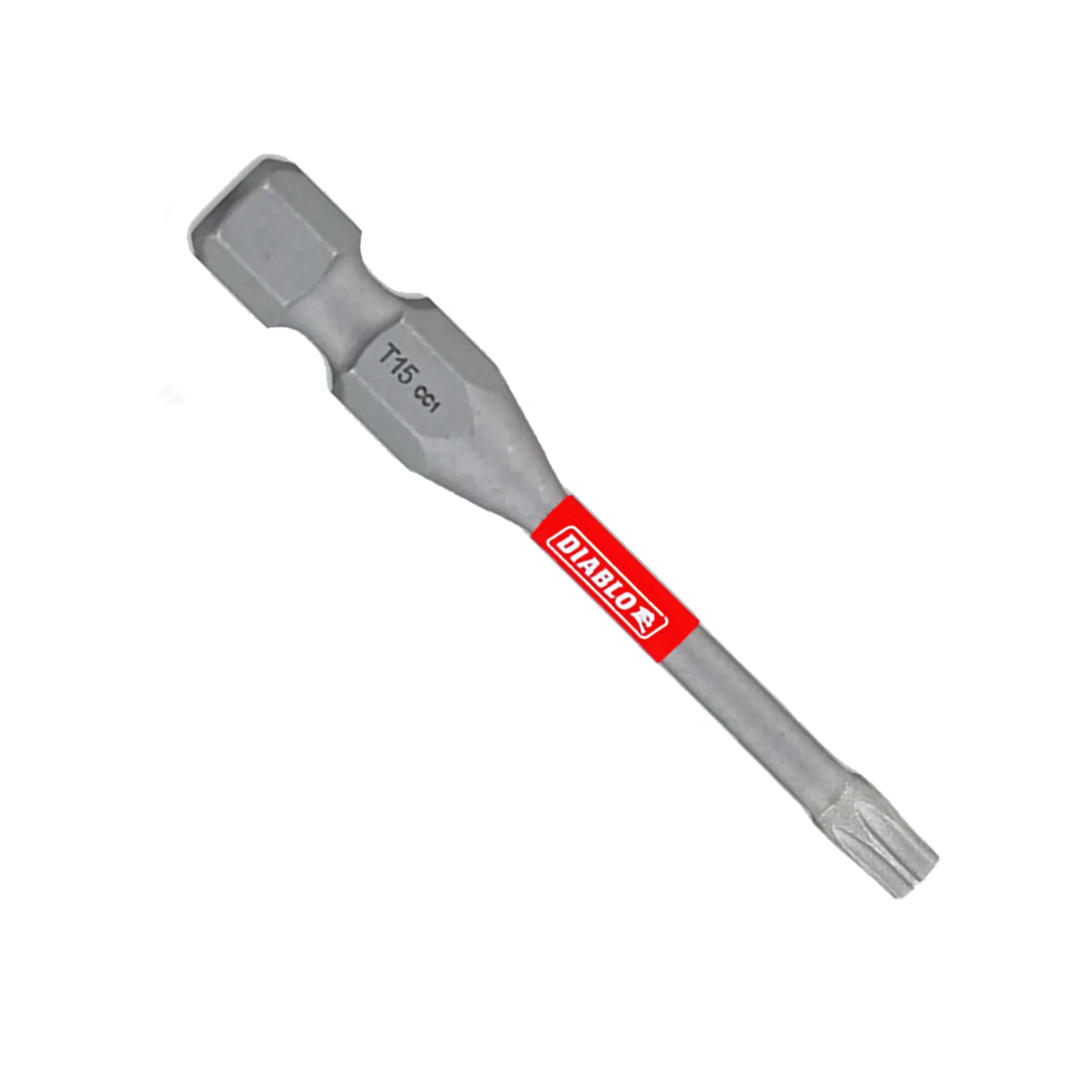 A single Diablo 2-inch T15 Torx drive impact driver bit isolated on a white background. This torque-resistant steel screwdriver fastener installation bit features a 1/4-inch hex shank laser-engraved with T15 CC1, an anti-slip torsion zone wrapped with a bright red band showcasing the white Diablo logo, and an optimized star-shaped Torx drive tip engineered to prevent stripping and slippage.