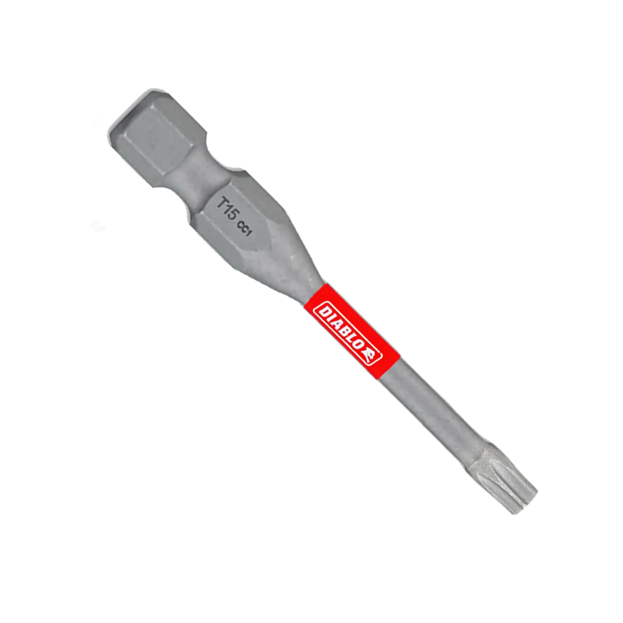 A single Diablo 2-inch T15 Torx drive impact driver bit isolated on a white background. This torque-resistant steel screwdriver fastener installation bit features a 1/4-inch hex shank laser-engraved with T15 CC1, an anti-slip torsion zone wrapped with a bright red band showcasing the white Diablo logo, and an optimized star-shaped Torx drive tip engineered to prevent stripping and slippage.