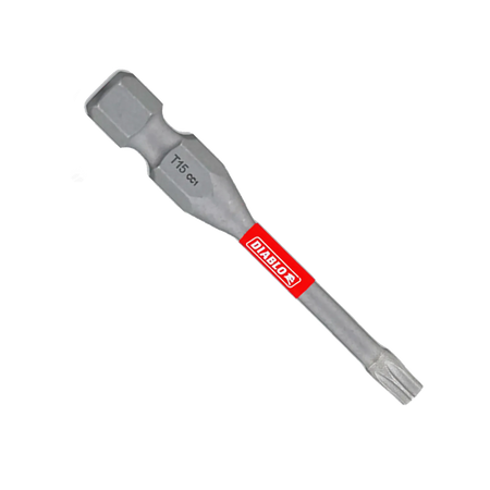 A single Diablo 2-inch T15 Torx drive impact driver bit isolated on a white background. This torque-resistant steel screwdriver fastener installation bit features a 1/4-inch hex shank laser-engraved with T15 CC1, an anti-slip torsion zone wrapped with a bright red band showcasing the white Diablo logo, and an optimized star-shaped Torx drive tip engineered to prevent stripping and slippage.