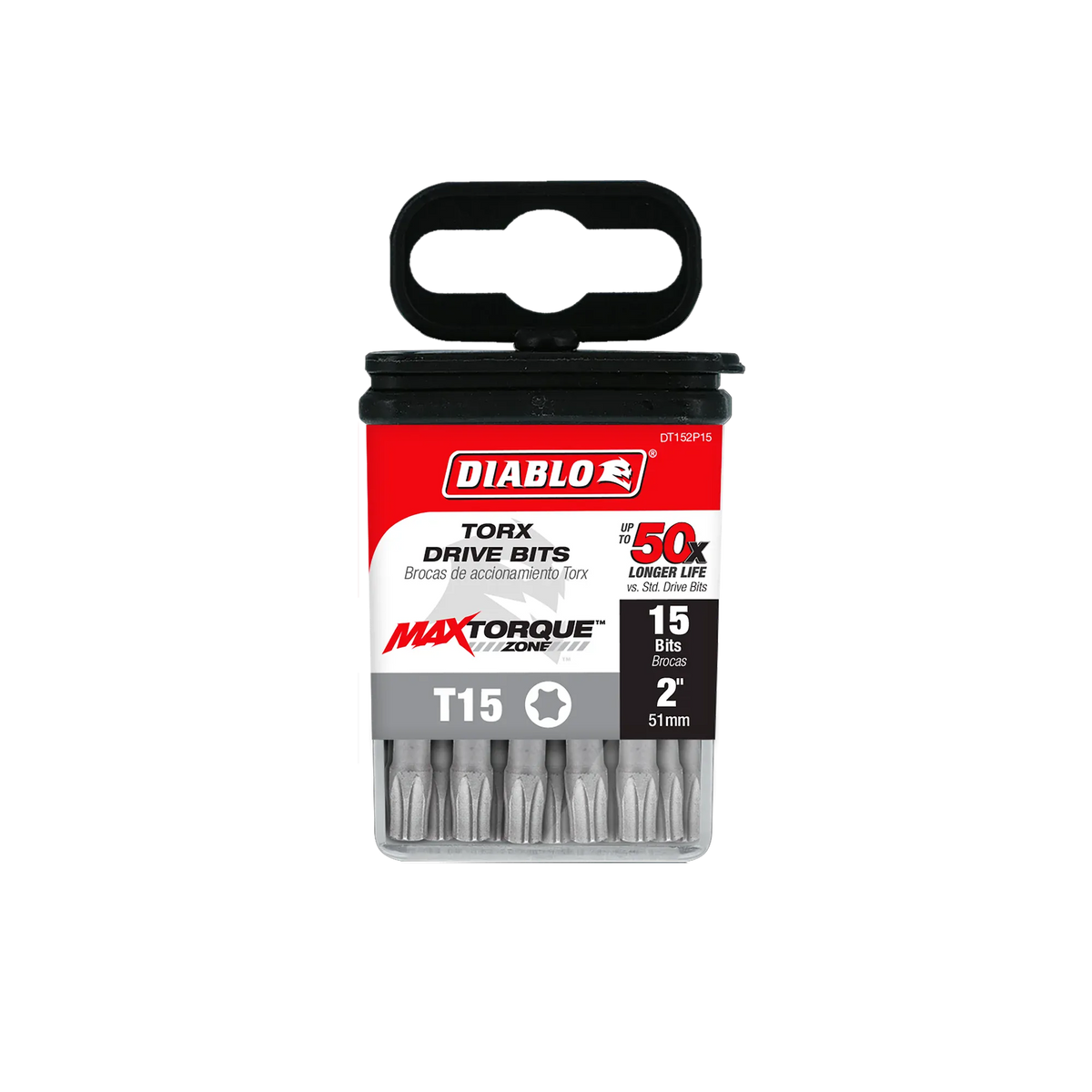 Diablo DT152P15 2-inch T15 Torx drive impact driver bits product packaging. The clear retail case features a red, black, and white label displaying the Diablo logo, MaxTorque Zone technology, and text indicating T15 star size, up to 50x longer life, and a bulk 15-pack of 1/4-inch hex shank torque-resistant steel screwdriver bits for high-torque fastener installation.