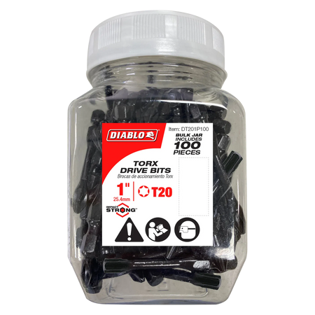 Diablo DT201P100 1-inch T20 Torx drive impact driver bits bulk 100-piece jar. The clear plastic storage container features a white screw-top lid and a prominent red and white product label. The label displays the Diablo logo, Impact Strong emblem, T20 star drive size indicator, and specific safety icons for high-torque fastener screwdriver accessory installation sets.
