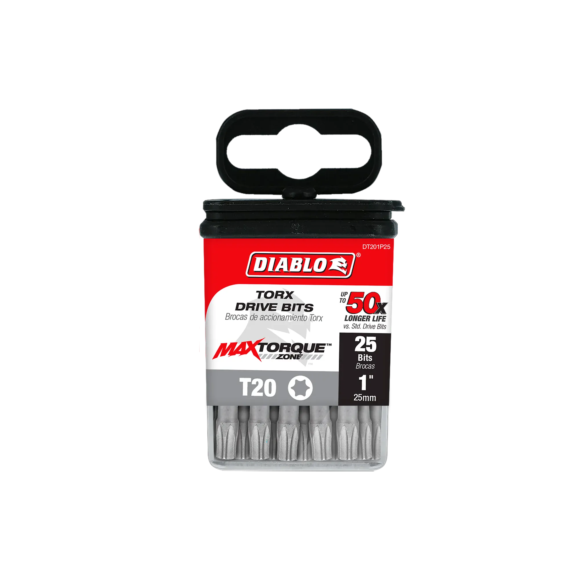 Diablo DT201P25 1-inch T20 Torx drive impact driver bits retail product packaging. The case features a red, black, and white label highlighting the Diablo logo, MaxTorque Zone technology, and text indicating T20 star size, up to 50x longer life, and a bulk 25-pack of 1/4-inch hex shank torque-resistant steel screwdriver bits for heavy-duty fastener installation.