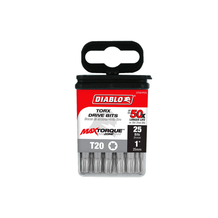 Diablo DT201P25 1-inch T20 Torx drive impact driver bits retail product packaging. The case features a red, black, and white label highlighting the Diablo logo, MaxTorque Zone technology, and text indicating T20 star size, up to 50x longer life, and a bulk 25-pack of 1/4-inch hex shank torque-resistant steel screwdriver bits for heavy-duty fastener installation.