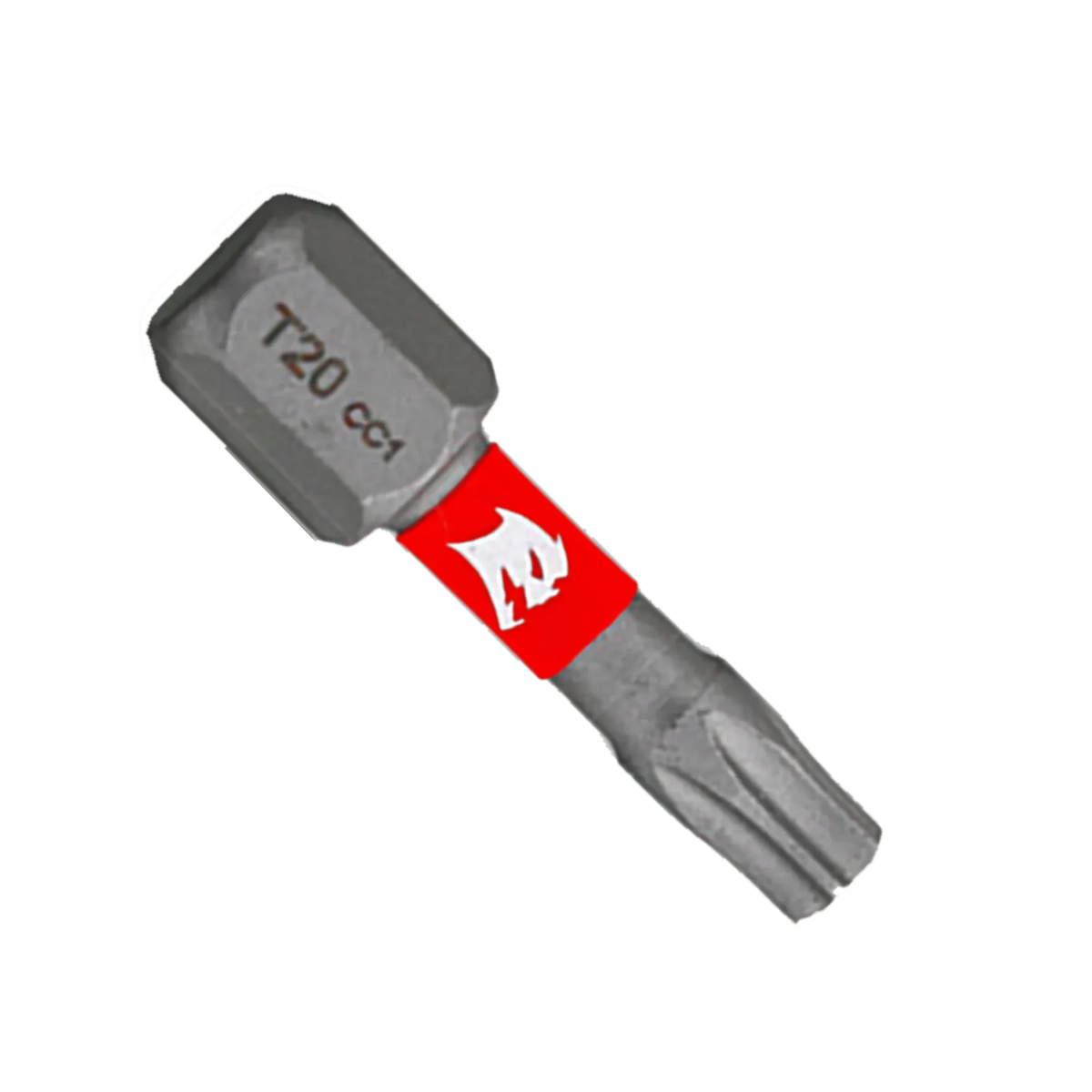 A single Diablo 1-inch T20 Torx drive impact driver bit isolated on a white background. This torque-resistant steel screwdriver fastener installation bit features a 1/4-inch hex shank laser-engraved with T20 CC1, an anti-slip torsion zone wrapped with a bright red band showcasing the white Diablo logo, and an optimized star-shaped Torx drive tip engineered to prevent stripping and slippage.