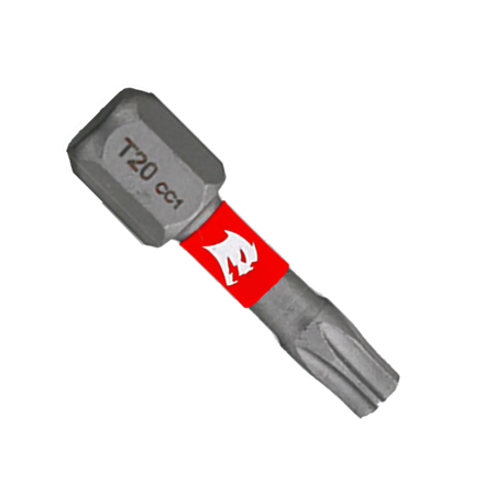 A single Diablo 1-inch T20 Torx drive impact driver bit isolated on a white background. This torque-resistant steel screwdriver fastener installation bit features a 1/4-inch hex shank laser-engraved with T20 CC1, an anti-slip torsion zone wrapped with a bright red band showcasing the white Diablo logo, and an optimized star-shaped Torx drive tip engineered to prevent stripping and slippage.