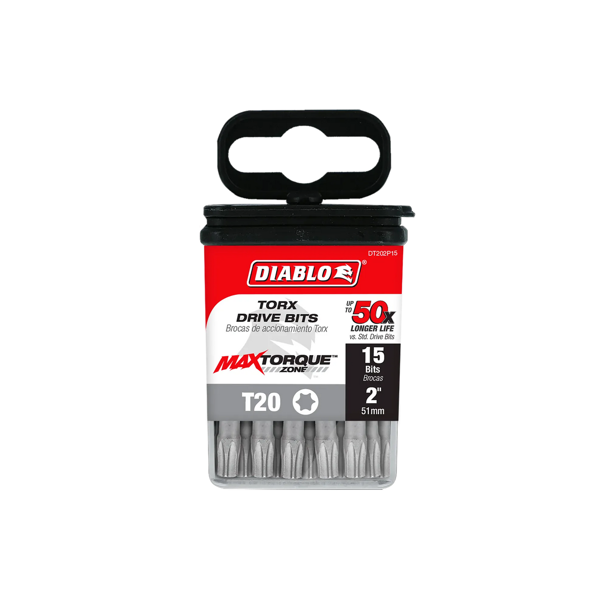 Diablo DT202P15 2-inch T20 Torx drive impact driver bits product packaging. The clear retail case features a red, black, and white label displaying the Diablo logo, MaxTorque Zone technology, and text indicating T20 star size, up to 50x longer life, and a bulk 15-pack of 1/4-inch hex shank torque-resistant steel screwdriver bits for high-torque fastener installation.
