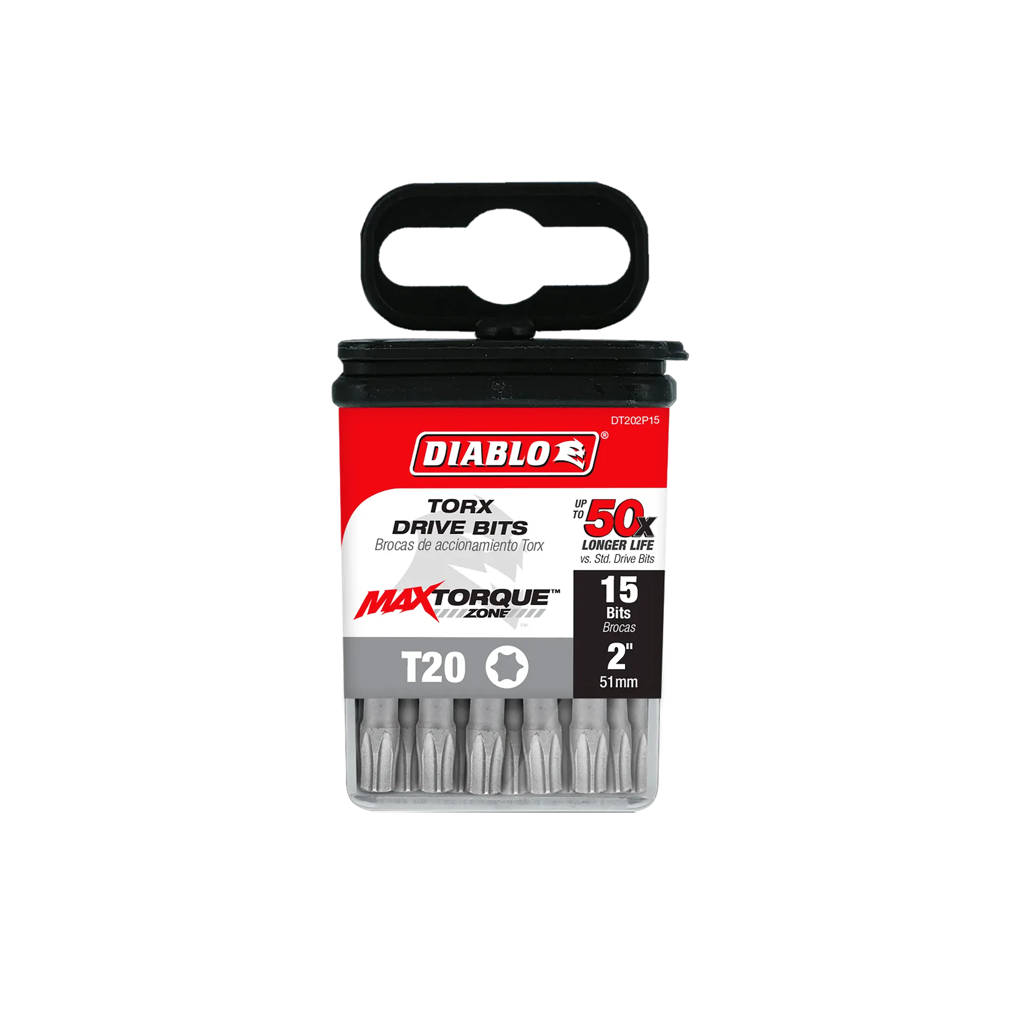 Diablo DT202P15 2-inch T20 Torx drive impact driver bits product packaging. The clear retail case features a red, black, and white label displaying the Diablo logo, MaxTorque Zone technology, and text indicating T20 star size, up to 50x longer life, and a bulk 15-pack of 1/4-inch hex shank torque-resistant steel screwdriver bits for high-torque fastener installation.