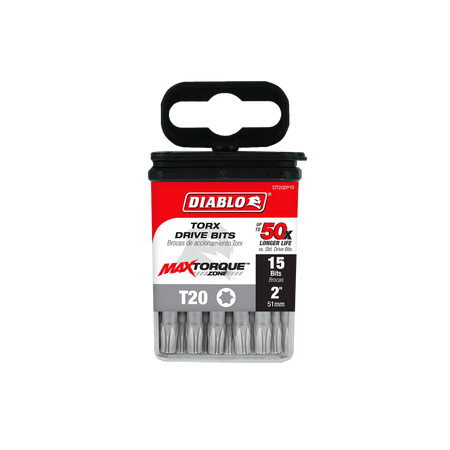 Diablo DT202P15 2-inch T20 Torx drive impact driver bits product packaging. The clear retail case features a red, black, and white label displaying the Diablo logo, MaxTorque Zone technology, and text indicating T20 star size, up to 50x longer life, and a bulk 15-pack of 1/4-inch hex shank torque-resistant steel screwdriver bits for high-torque fastener installation.