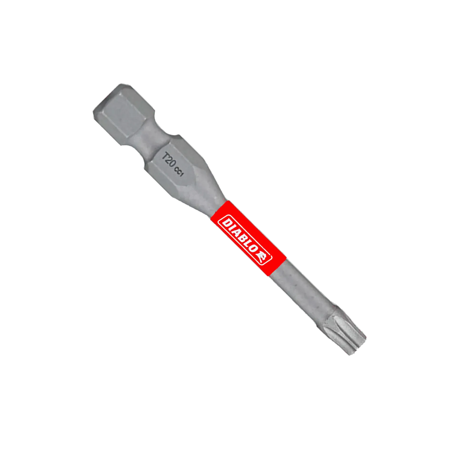 A single Diablo 2-inch T20 Torx drive impact driver bit isolated on a white background. This torque-resistant steel screwdriver fastener installation bit features a 1/4-inch hex shank laser-engraved with T20 CC1, an anti-slip torsion zone wrapped with a bright red band showcasing the white Diablo logo, and an optimized star-shaped Torx drive tip engineered to prevent stripping and slippage.