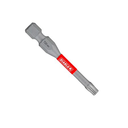 A single Diablo 2-inch T20 Torx drive impact driver bit isolated on a white background. This torque-resistant steel screwdriver fastener installation bit features a 1/4-inch hex shank laser-engraved with T20 CC1, an anti-slip torsion zone wrapped with a bright red band showcasing the white Diablo logo, and an optimized star-shaped Torx drive tip engineered to prevent stripping and slippage.
