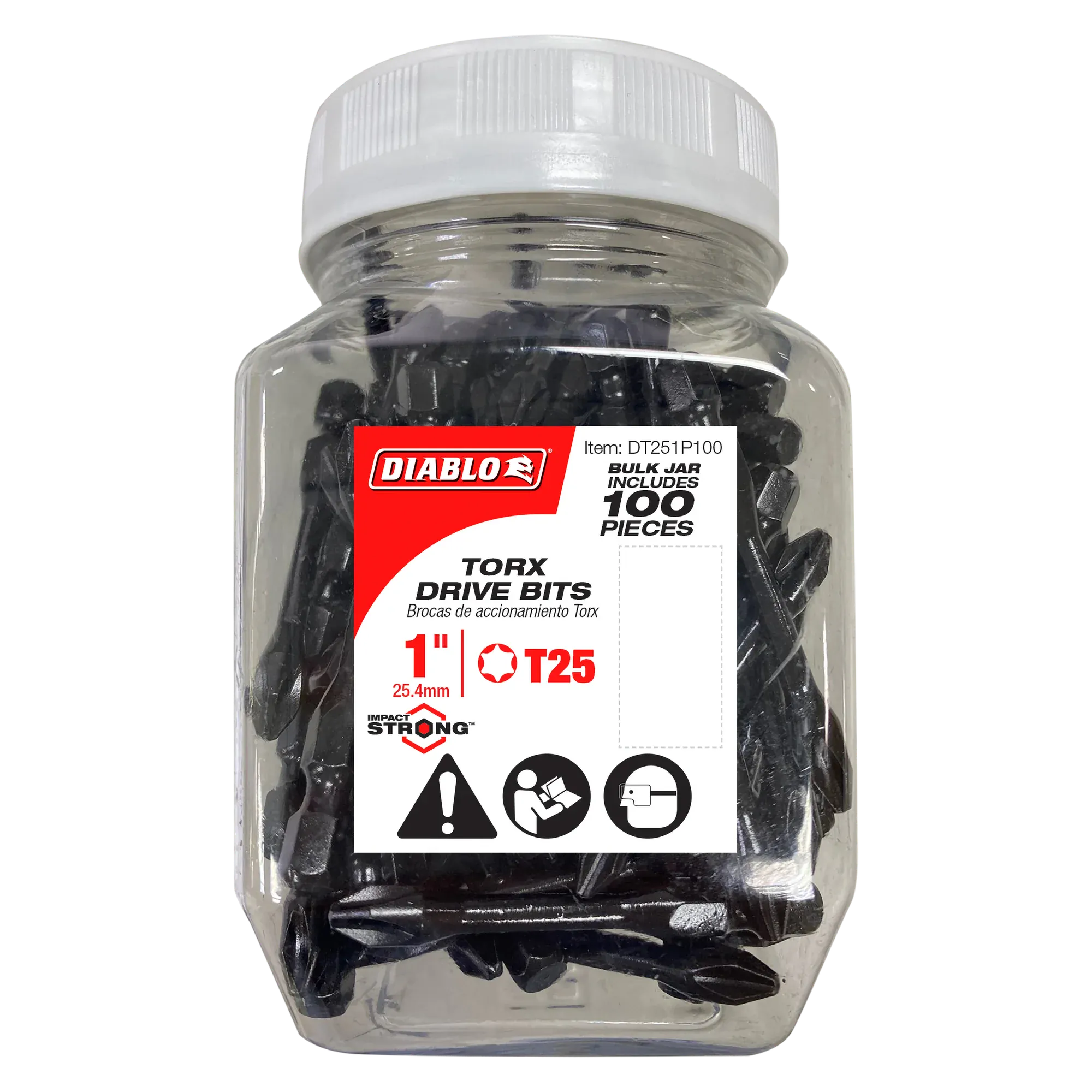 Diablo DT251P100 1-inch T25 Torx drive impact driver bits bulk 100-piece jar. The clear plastic storage container features a white screw-top lid and a prominent red and white product label showing the Diablo logo, Impact Strong emblem, T25 star drive size indicator, and specific safety icons for high-torque fastener screwdriver accessory installation sets.
