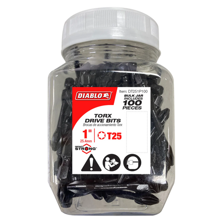 Diablo DT251P100 1-inch T25 Torx drive impact driver bits bulk 100-piece jar. The clear plastic storage container features a white screw-top lid and a prominent red and white product label showing the Diablo logo, Impact Strong emblem, T25 star drive size indicator, and specific safety icons for high-torque fastener screwdriver accessory installation sets.
