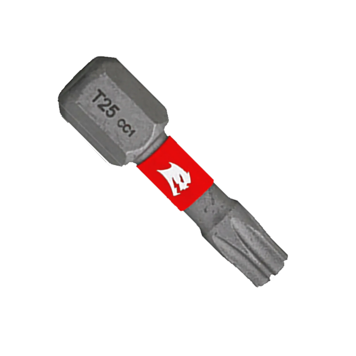A single Diablo 1-inch T25 Torx drive impact driver bit isolated on a white background. This torque-resistant steel screwdriver fastener installation bit features a 1/4-inch hex shank laser-engraved with T25 CC1, an anti-slip torsion zone wrapped with a bright red band showcasing the white Diablo logo, and an optimized star-shaped Torx drive tip engineered to prevent stripping and slippage.