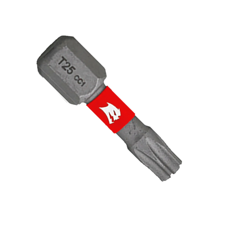 A single Diablo 1-inch T25 Torx drive impact driver bit isolated on a white background. This torque-resistant steel screwdriver fastener installation bit features a 1/4-inch hex shank laser-engraved with T25 CC1, an anti-slip torsion zone wrapped with a bright red band showcasing the white Diablo logo, and an optimized star-shaped Torx drive tip engineered to prevent stripping and slippage.