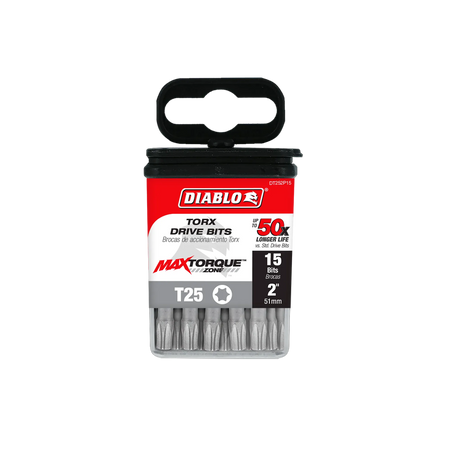 Diablo DT252P15 2-inch T25 Torx drive impact driver bits retail product packaging. The clear plastic case contains 15 bits and features a red, black, and white label highlighting the Diablo logo, MaxTorque Zone design, T25 star size, up to 50x longer life, and 1/4-inch hex shank torque-resistant steel screwdriver bits for heavy-duty fastener installation.