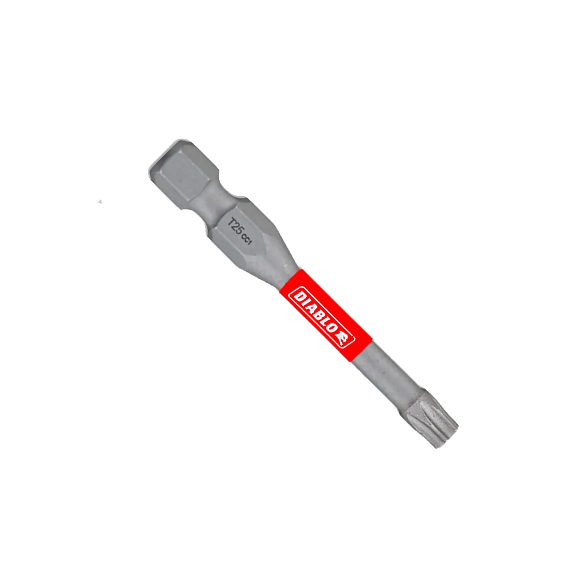 A single Diablo 2-inch T25 Torx drive impact driver bit isolated on a white background. This torque-resistant steel screwdriver fastener installation bit features a 1/4-inch hex shank laser-engraved with T25 CC1, an anti-slip torsion zone wrapped with a bright red band showcasing the white Diablo logo, and an optimized star-shaped Torx drive tip engineered to prevent stripping and slippage.