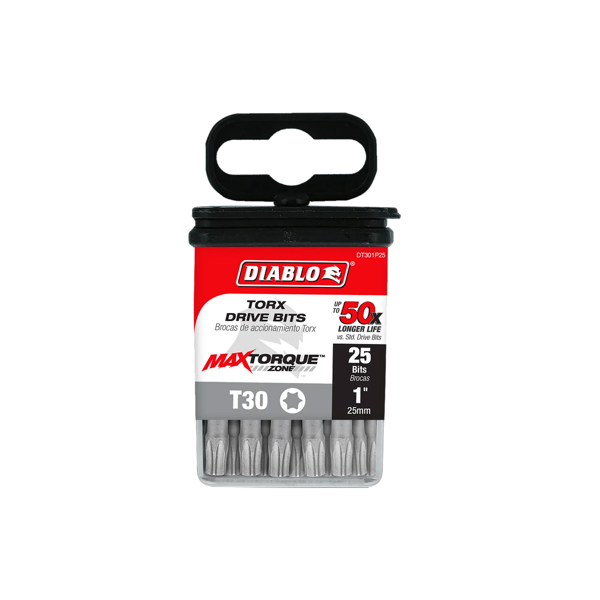 Diablo DT301P25 1-inch T30 Torx drive impact driver bits product packaging. The clear retail case features a red, black, and white label highlighting the Diablo logo, MaxTorque Zone technology, and text indicating T30 star drive size, up to 50x longer life, and a bulk 25-pack of 1/4-inch hex shank torque-resistant steel screwdriver bits for high-torque structural fastener installation.