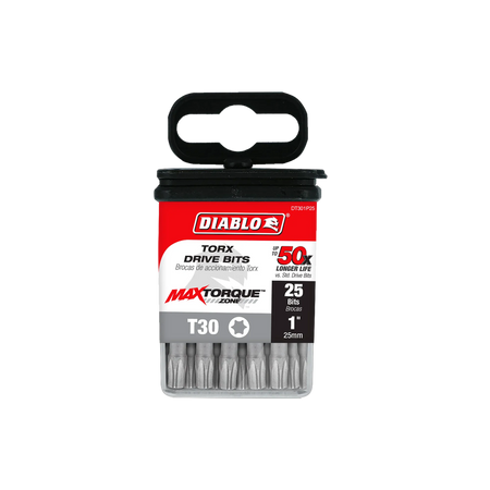 Diablo DT301P25 1-inch T30 Torx drive impact driver bits product packaging. The clear retail case features a red, black, and white label highlighting the Diablo logo, MaxTorque Zone technology, and text indicating T30 star drive size, up to 50x longer life, and a bulk 25-pack of 1/4-inch hex shank torque-resistant steel screwdriver bits for high-torque structural fastener installation.