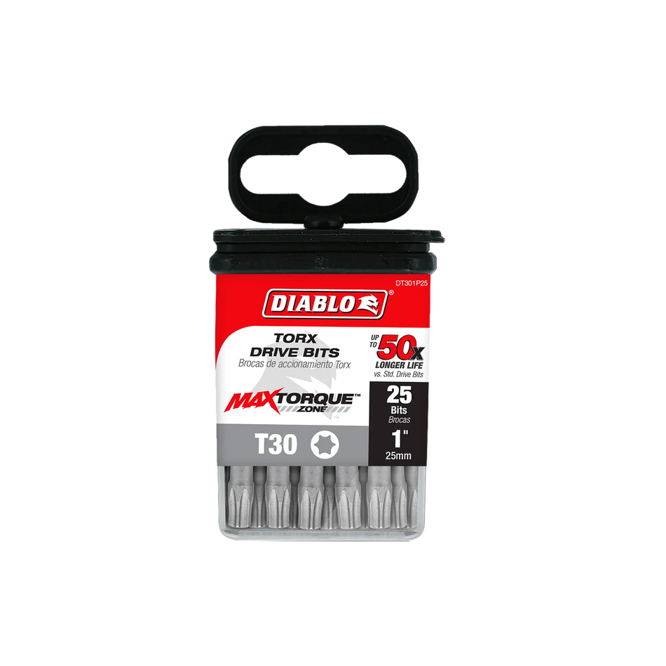 Diablo DT301P25 1-inch T30 Torx drive impact driver bits product packaging. The clear retail case features a red, black, and white label highlighting the Diablo logo, MaxTorque Zone technology, and text indicating T30 star drive size, up to 50x longer life, and a bulk 25-pack of 1/4-inch hex shank torque-resistant steel screwdriver bits for high-torque structural fastener installation.
