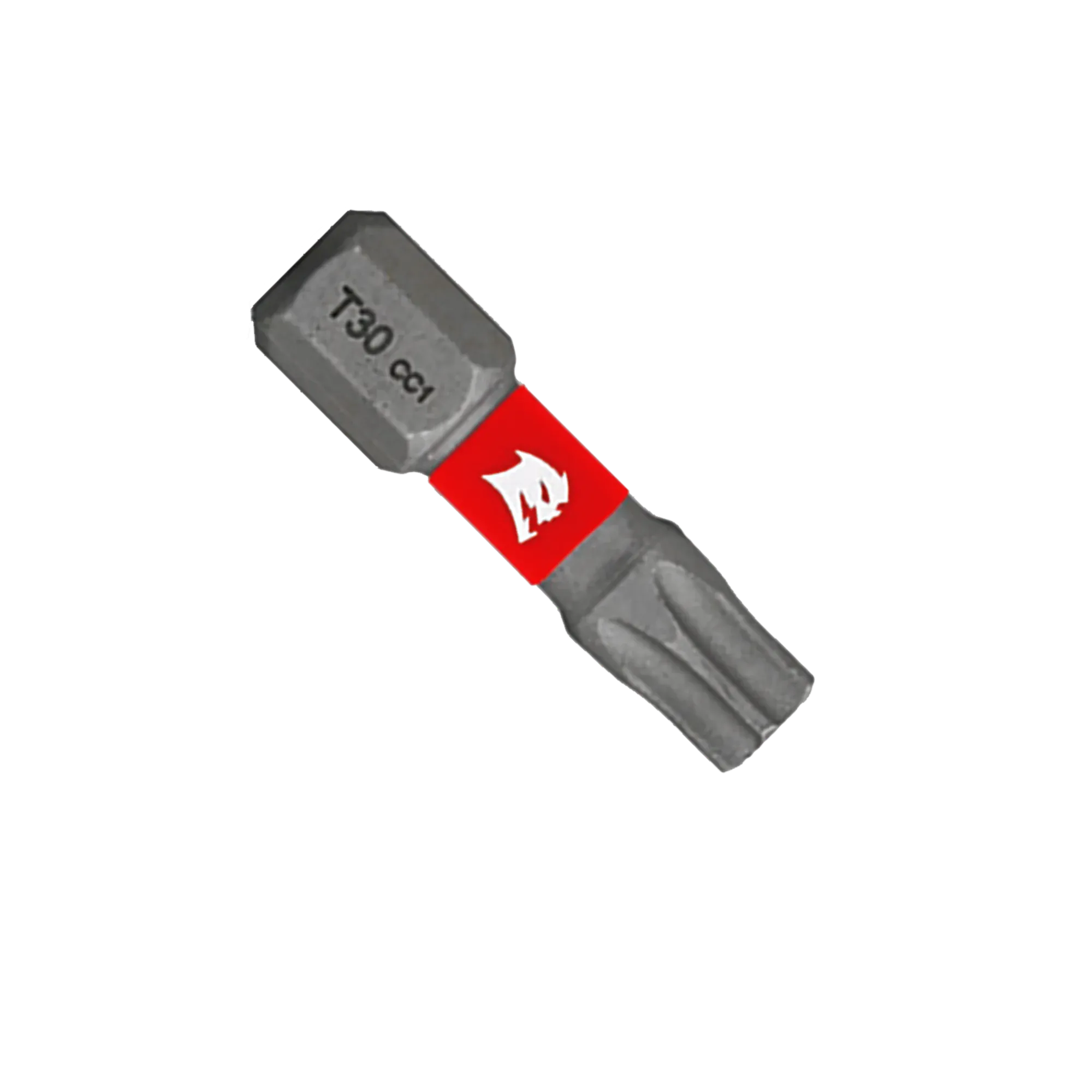 A single Diablo 1-inch T30 Torx drive impact driver bit isolated on a white background. This torque-resistant steel screwdriver fastener installation bit features a 1/4-inch hex shank laser-engraved with T30 CC1, an anti-slip torsion zone wrapped with a bright red band showcasing the white Diablo logo, and an optimized star-shaped Torx drive tip engineered to prevent stripping and slippage.
