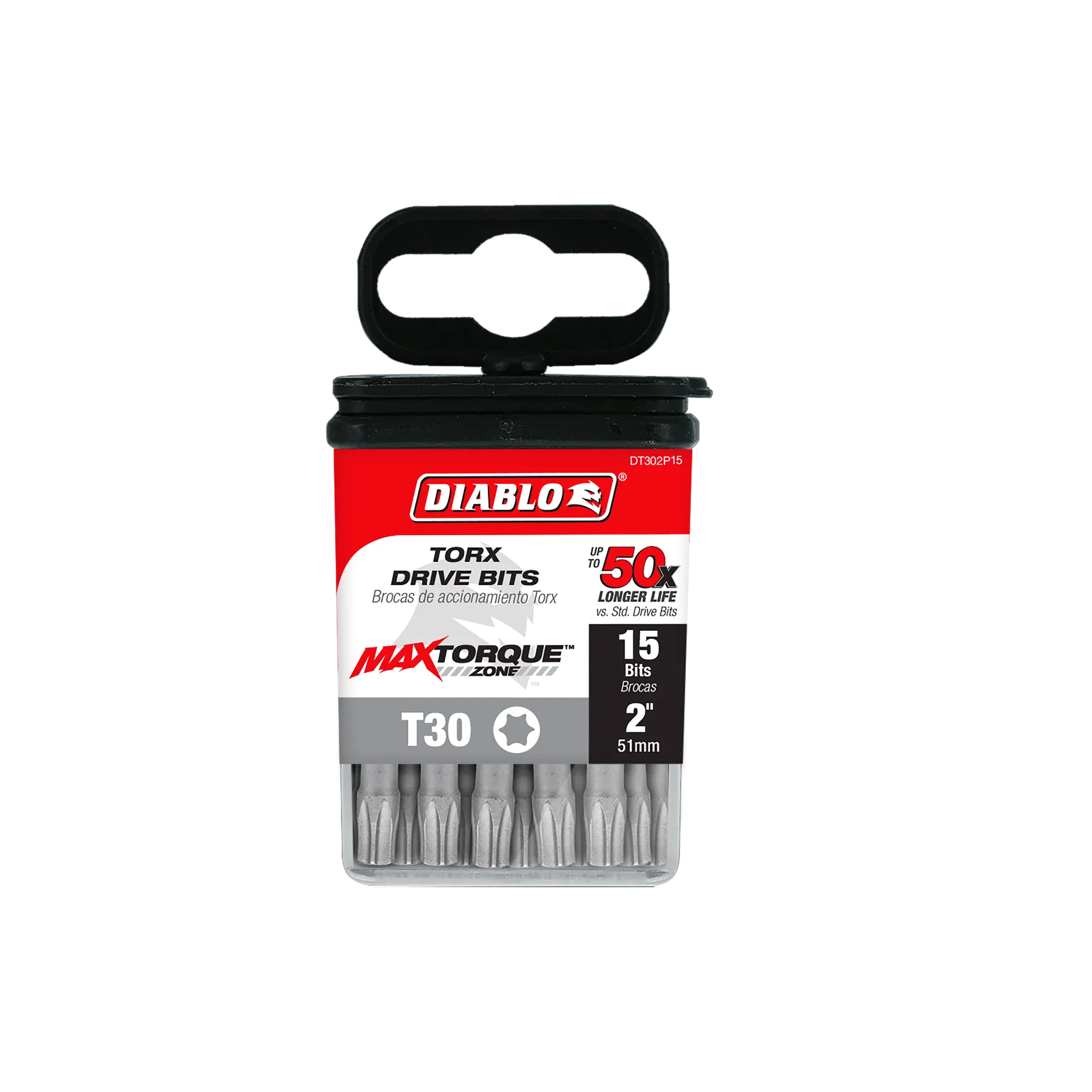 Diablo DT302P15 2-inch T30 Torx drive impact driver bits retail product packaging. The clear plastic case contains 15 bits and features a red, black, and white label highlighting the Diablo logo, MaxTorque Zone design, T30 star size, up to 50x longer life, and 1/4-inch hex shank torque-resistant steel screwdriver bits for heavy-duty fastener installation.