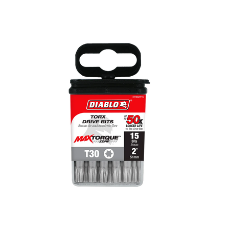 Diablo DT302P15 2-inch T30 Torx drive impact driver bits retail product packaging. The clear plastic case contains 15 bits and features a red, black, and white label highlighting the Diablo logo, MaxTorque Zone design, T30 star size, up to 50x longer life, and 1/4-inch hex shank torque-resistant steel screwdriver bits for heavy-duty fastener installation.