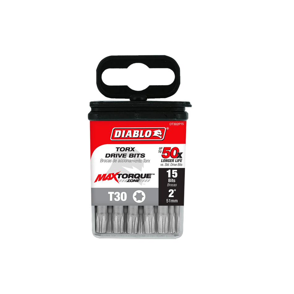 Diablo DT302P15 2-inch T30 Torx drive impact driver bits retail product packaging. The clear plastic case contains 15 bits and features a red, black, and white label highlighting the Diablo logo, MaxTorque Zone design, T30 star size, up to 50x longer life, and 1/4-inch hex shank torque-resistant steel screwdriver bits for heavy-duty fastener installation.