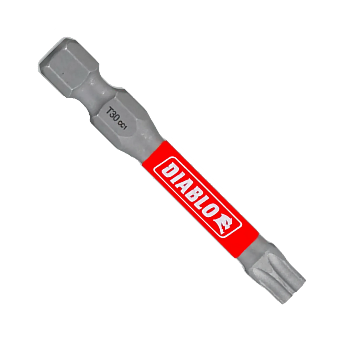 A single Diablo 2-inch T30 Torx drive impact driver bit isolated on a white background. This torque-resistant steel screwdriver fastener installation bit features a 1/4-inch hex shank laser-engraved with T30 CC1, an anti-slip torsion zone wrapped with a bright red band showcasing the white Diablo logo, and an optimized star-shaped Torx drive tip engineered to prevent stripping and slippage.