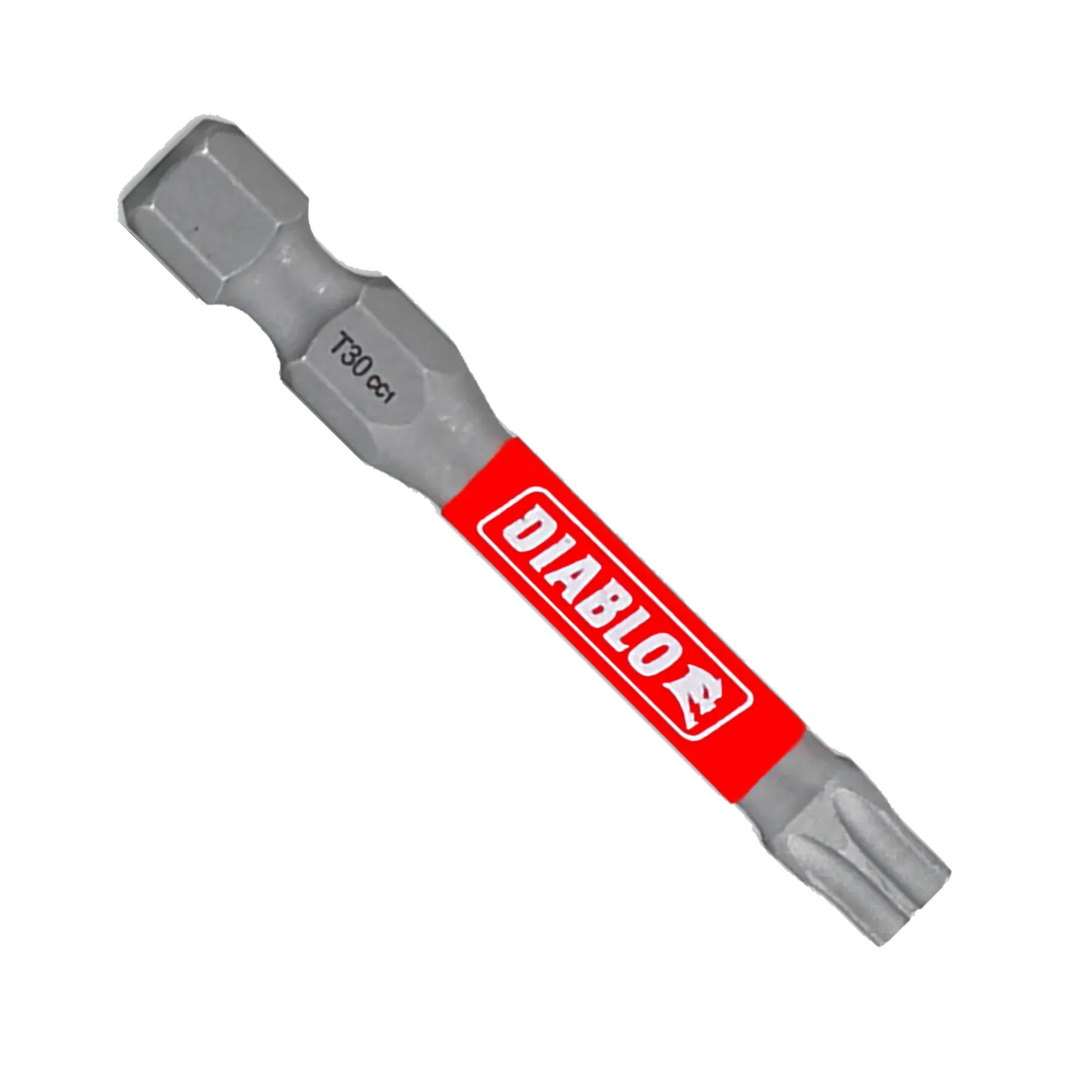 A single Diablo 2-inch T30 Torx drive impact driver bit isolated on a white background. This torque-resistant steel screwdriver fastener installation bit features a 1/4-inch hex shank laser-engraved with T30 CC1, an anti-slip torsion zone wrapped with a bright red band showcasing the white Diablo logo, and an optimized star-shaped Torx drive tip engineered to prevent stripping and slippage.