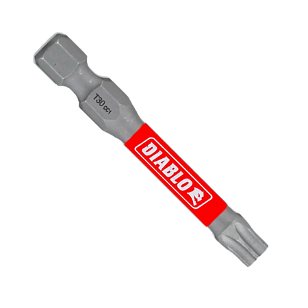 A single Diablo 2-inch T30 Torx drive impact driver bit isolated on a white background. This torque-resistant steel screwdriver fastener installation bit features a 1/4-inch hex shank laser-engraved with T30 CC1, an anti-slip torsion zone wrapped with a bright red band showcasing the white Diablo logo, and an optimized star-shaped Torx drive tip engineered to prevent stripping and slippage.