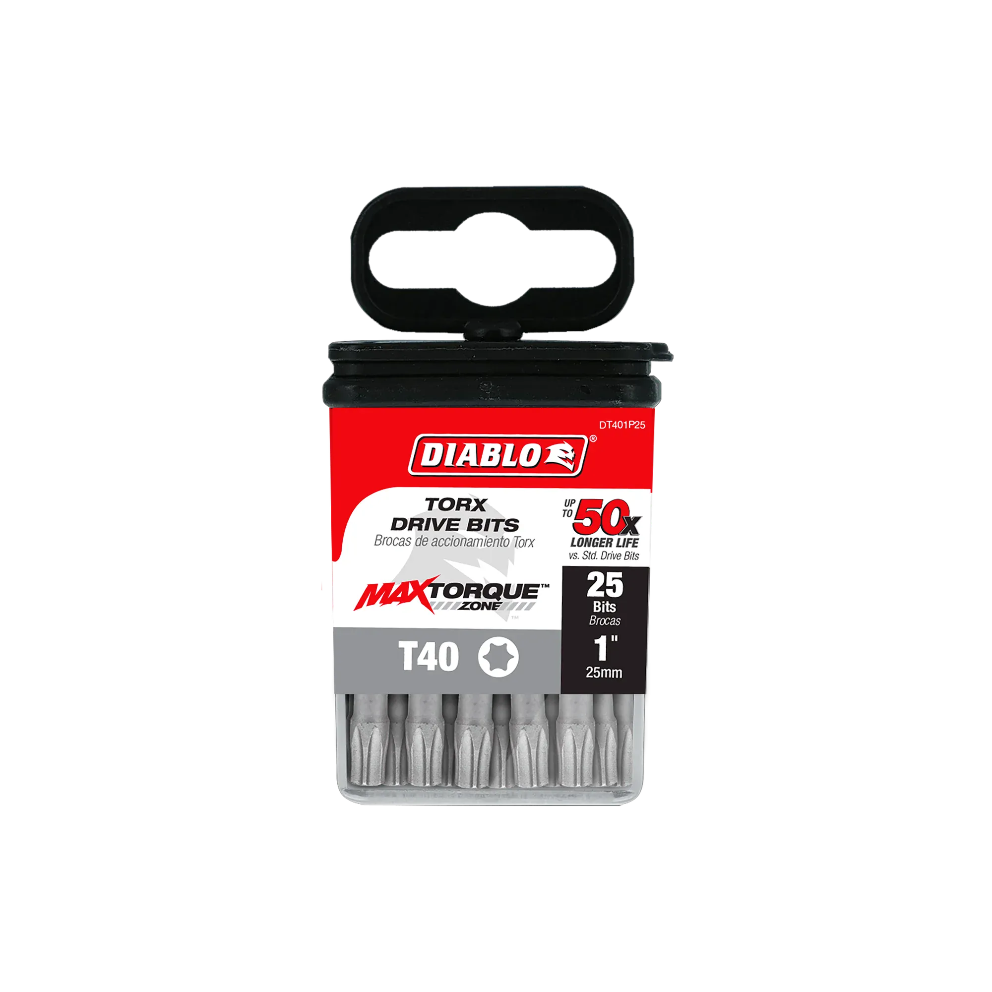 Diablo DT401P25 1-inch T40 Torx drive impact driver bits retail product packaging. The clear plastic case contains a bulk 25-pack of bits and features a red, black, and white label highlighting the Diablo logo, MaxTorque Zone design, T40 star size, up to 50x longer life, and 1/4-inch hex shank torque-resistant steel screwdriver bits for heavy-duty fastener installation.
