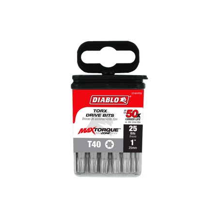 Diablo DT401P25 1-inch T40 Torx drive impact driver bits retail product packaging. The clear plastic case contains a bulk 25-pack of bits and features a red, black, and white label highlighting the Diablo logo, MaxTorque Zone design, T40 star size, up to 50x longer life, and 1/4-inch hex shank torque-resistant steel screwdriver bits for heavy-duty fastener installation.