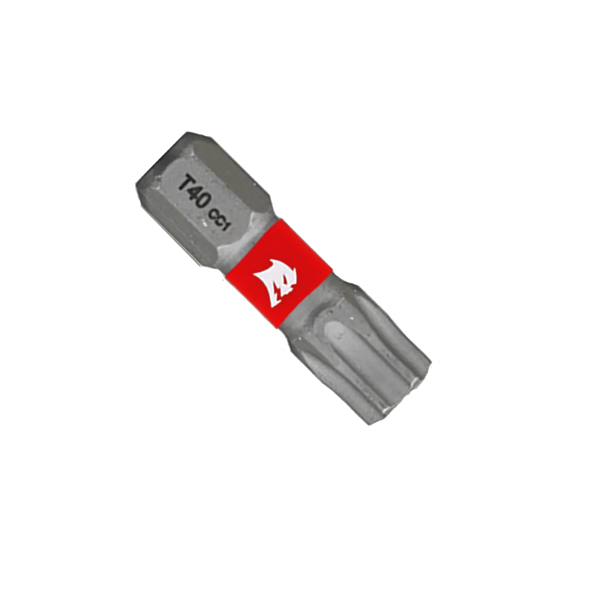 A single Diablo 1-inch T40 Torx drive impact driver bit isolated on a white background. This torque-resistant steel screwdriver fastener installation bit features a 1/4-inch hex shank laser-engraved with T40 CC1, an anti-slip torsion zone wrapped with a bright red band showcasing the white Diablo logo, and an optimized star-shaped Torx drive tip engineered to prevent stripping and slippage.
