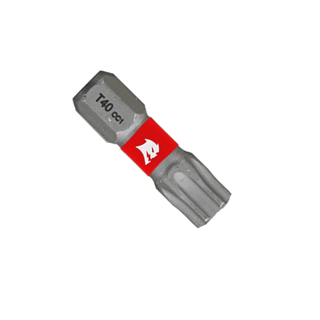 A single Diablo 1-inch T40 Torx drive impact driver bit isolated on a white background. This torque-resistant steel screwdriver fastener installation bit features a 1/4-inch hex shank laser-engraved with T40 CC1, an anti-slip torsion zone wrapped with a bright red band showcasing the white Diablo logo, and an optimized star-shaped Torx drive tip engineered to prevent stripping and slippage.