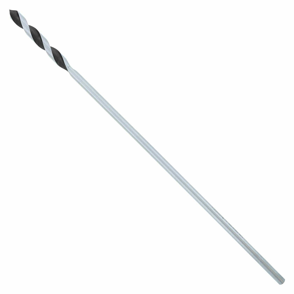 Long metallic drill bit with silver shaft and black spiral cutting tip, designed for deep precision drilling in wood, plastic, or metal.