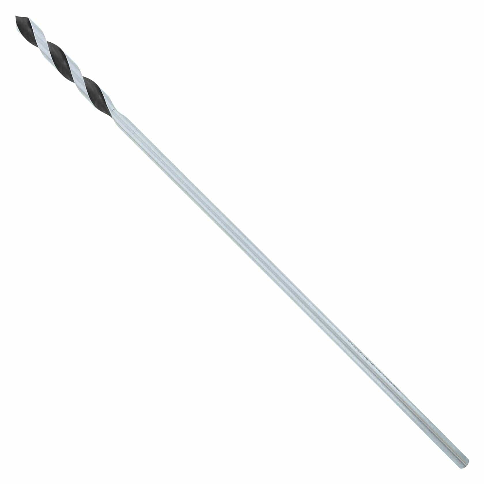 Long metallic drill bit with silver shaft and black spiral cutting tip, designed for deep precision drilling in wood, plastic, or metal.