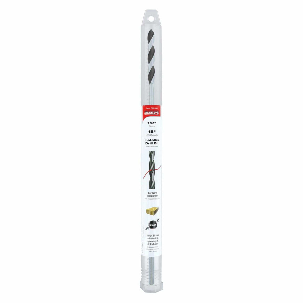Packaged Drill America installer drill bit labeled as 1/2 inch diameter and 18 inch length, designed for wire installation through wood, metal, and plastic with a 3-flat shank and feed-through hole.