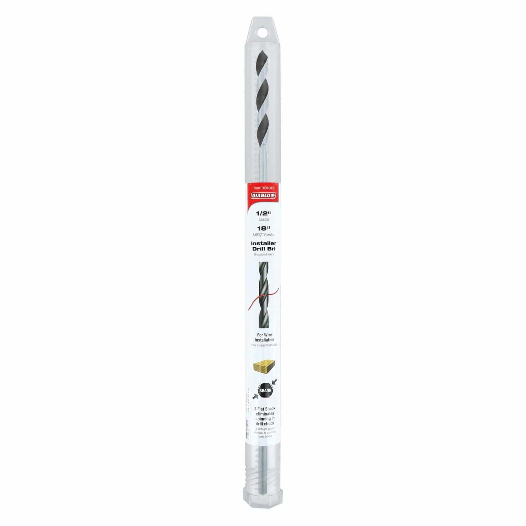 Packaged Drill America installer drill bit labeled as 1/2 inch diameter and 18 inch length, designed for wire installation through wood, metal, and plastic with a 3-flat shank and feed-through hole.