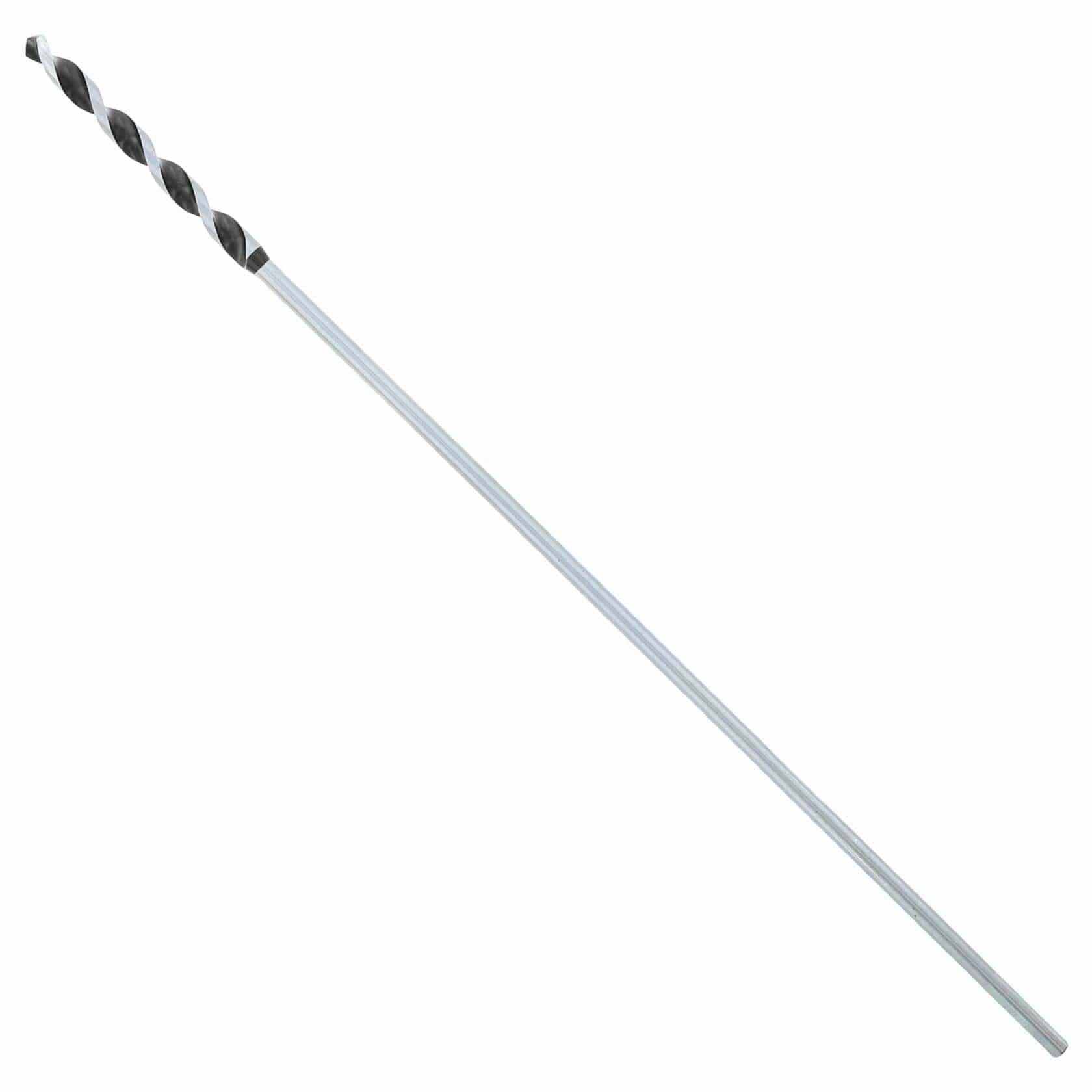 Long metal drill bit with twisted cutting edge and extended straight shank, designed for deep drilling applications in wood, metal, or construction materials.